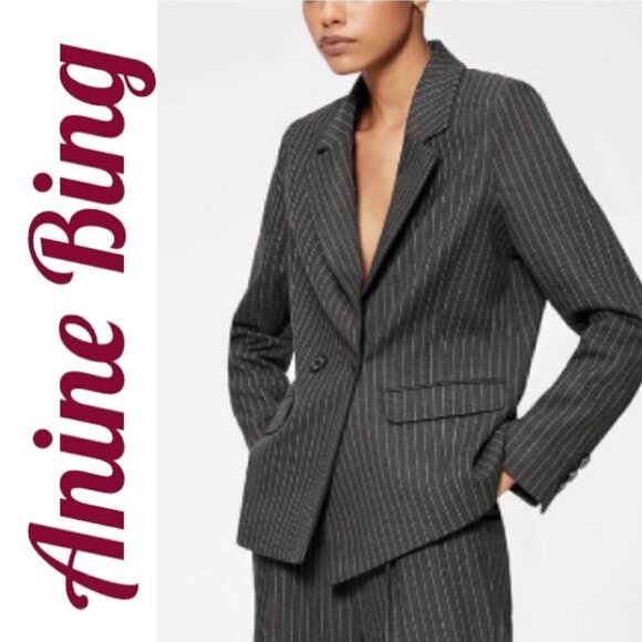 ANINE BING Becky Gray Pinstriped Blazer Double Breasted Menswear, Size 6 - Picture 4 of 15